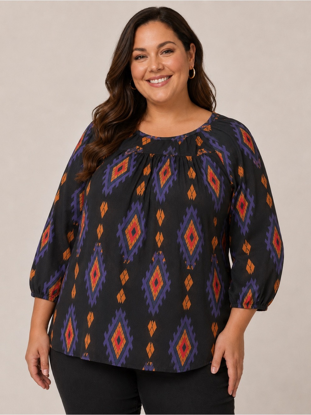 Lucky Brand Black Rayon Tunic with Purple and Orange Geometric Print Size 3X